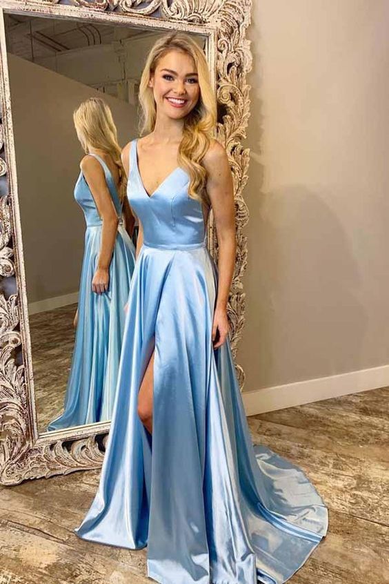 Elegant V Neck Beaded Blue Lace Appliques Long Prom Dress, Blue Lace F –  abcprom